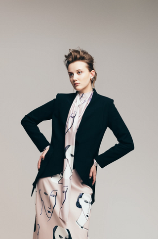 Draped Shoulder Long-Sleeve Printed Blouse Pale Pink