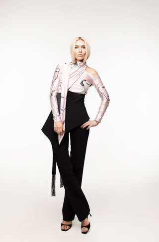 Draped Shoulder Long-Sleeve Printed Blouse Pale Pink