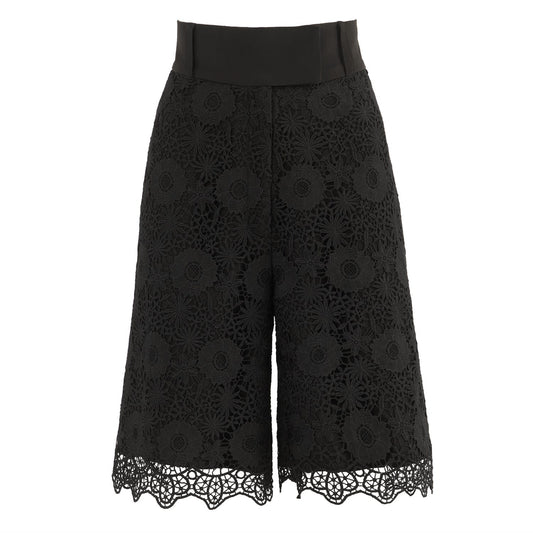 Elegant High-Waisted Black Lace Bermuda Shorts