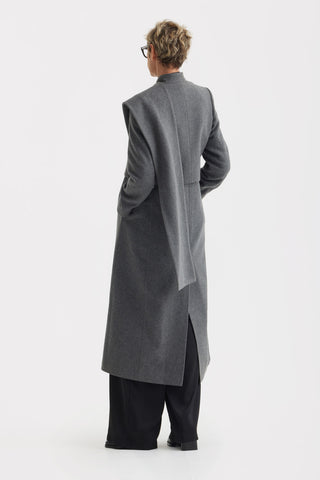 Elegant Long Draped Transformer Mid-Season Coat – Grey