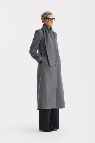 Elegant Long Draped Transformer Mid-Season Coat – Grey
