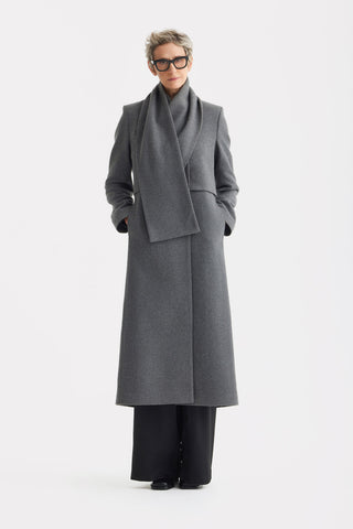 Elegant Long Draped Transformer Mid-Season Coat – Grey