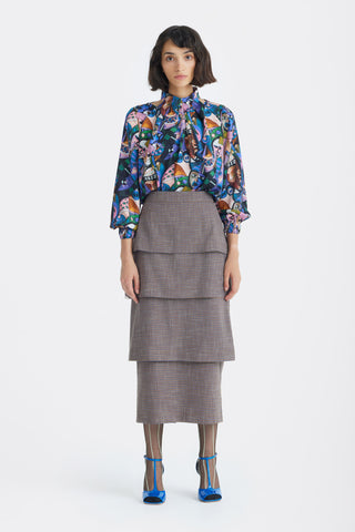 Evening Band Collar Cupro Blouse – Abstract Print