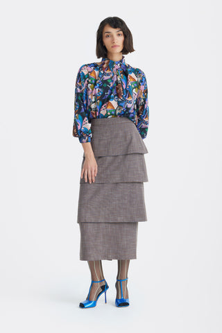 Evening Band Collar Cupro Blouse – Abstract Print