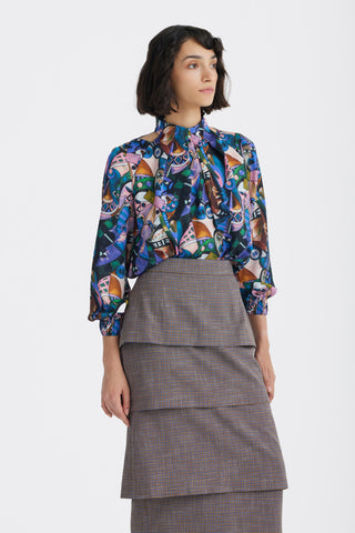 Evening Band Collar Cupro Blouse – Abstract Print