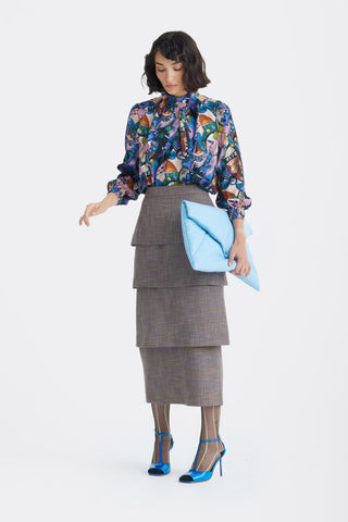 Evening Band Collar Cupro Blouse – Abstract Print