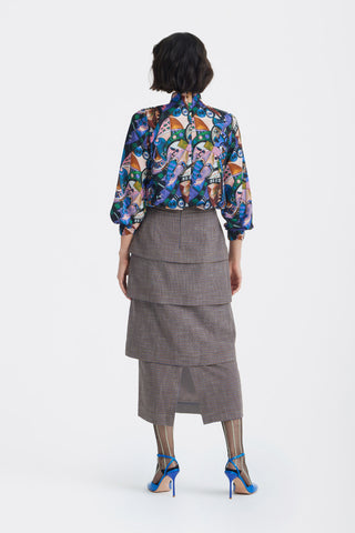 Evening Band Collar Cupro Blouse – Abstract Print