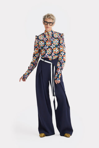 Designer Satin Blouse With Bishop Sleeves And Stand Collar – Print