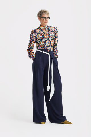 Designer Satin Blouse With Bishop Sleeves And Stand Collar – Print