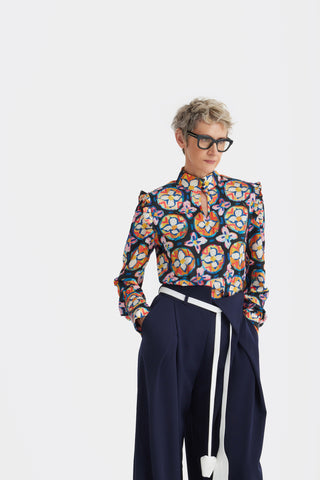 Designer Satin Blouse With Bishop Sleeves And Stand Collar – Print