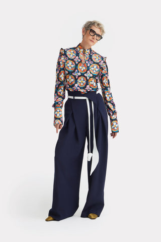 Designer Satin Blouse With Bishop Sleeves And Stand Collar – Print