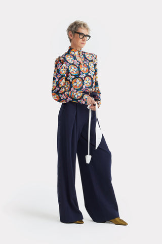 Designer Satin Blouse With Bishop Sleeves And Stand Collar – Print