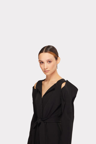 Fashion Long Button-Up Dress With Belt Black