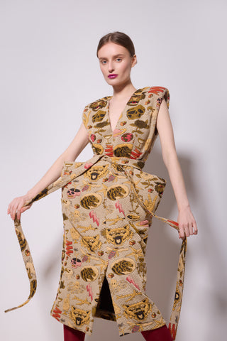 Fashion Midi Dress With Belt And Bold Shoulders Jacquard