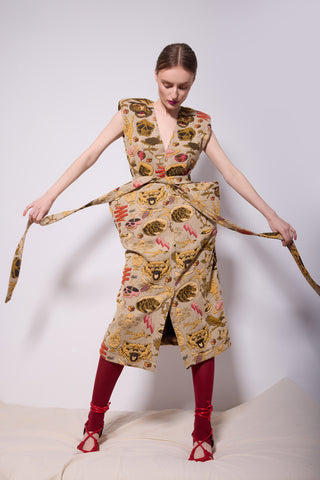 Fashion Midi Dress With Belt And Bold Shoulders Jacquard