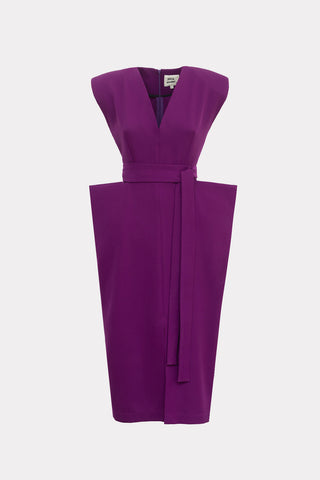 Fashion Midi Dress With Belt And Bold Shoulders Violet