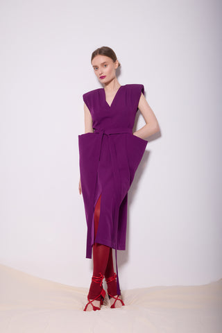 Fashion Midi Dress With Belt And Bold Shoulders Violet