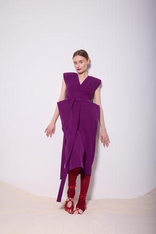 Fashion Midi Dress With Belt And Bold Shoulders Violet