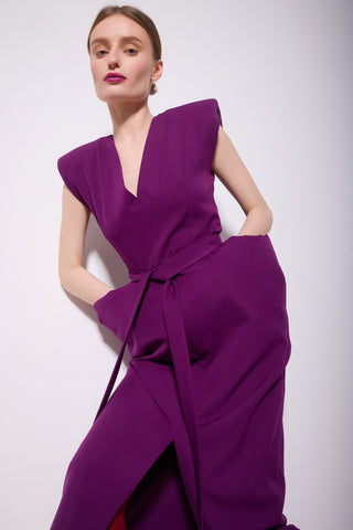 Fashion Midi Dress With Belt And Bold Shoulders Violet