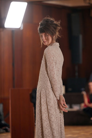 Feminine Lace Shirt Dress With Half-Placket Beige