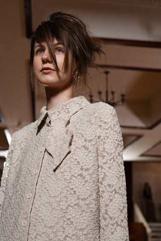 Feminine Lace Shirt Dress With Half-Placket Beige