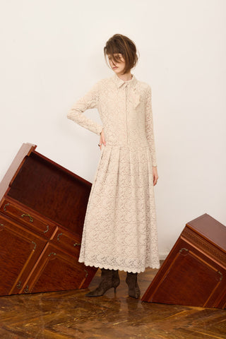 Feminine Lace Shirt Dress With Half-Placket Beige