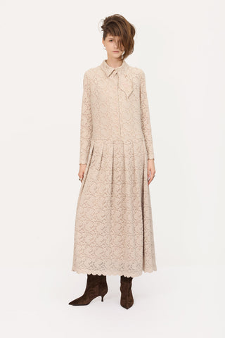 Feminine Lace Shirt Dress With Half-Placket Beige