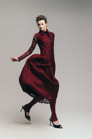 Feminine Lace Shirt Dress With Half-Placket Burgundy