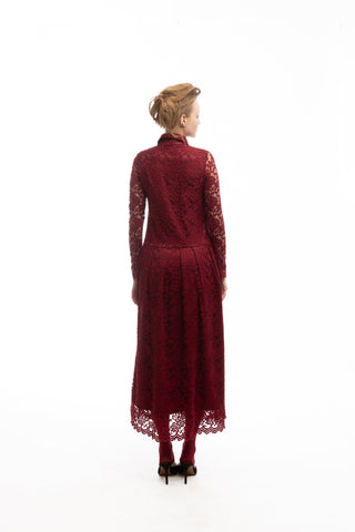 Feminine Lace Shirt Dress With Half-Placket Burgundy