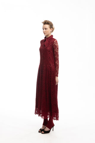 Feminine Lace Shirt Dress With Half-Placket Burgundy