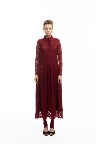 Feminine Lace Shirt Dress With Half-Placket Burgundy