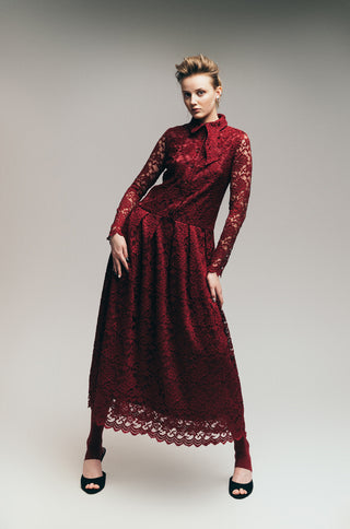 Feminine Lace Shirt Dress With Half-Placket Burgundy