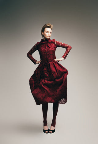 Feminine Lace Shirt Dress With Half-Placket Burgundy