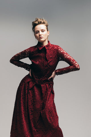 Feminine Lace Shirt Dress With Half-Placket Burgundy