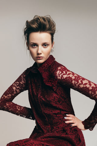 Feminine Lace Shirt Dress With Half-Placket Burgundy