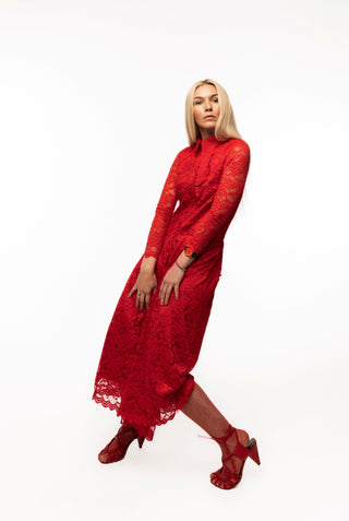 Feminine Lace Shirt Dress With Half-Placket Red