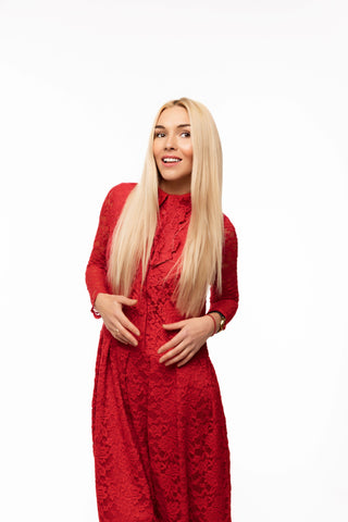 Feminine Lace Shirt Dress With Half-Placket Red