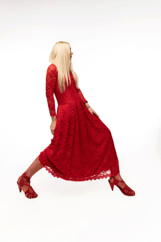 Feminine Lace Shirt Dress With Half-Placket Red