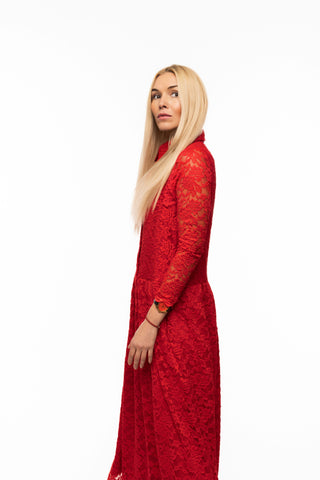 Feminine Lace Shirt Dress With Half-Placket Red