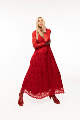 Feminine Lace Shirt Dress With Half-Placket Red