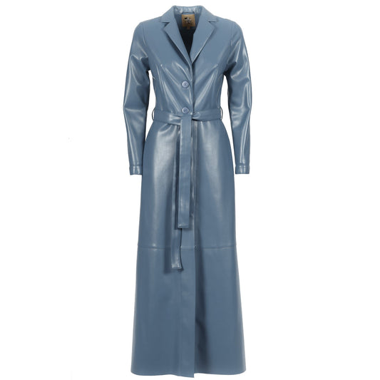 Blue Long Button-Up Eco-Leather Trench