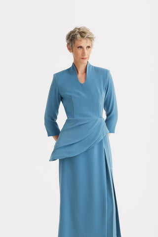 Formal Cocktail Midi Dress With Peplum Belt - Light Blue