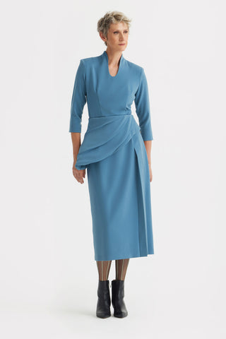 Formal Cocktail Midi Dress With Peplum Belt - Light Blue