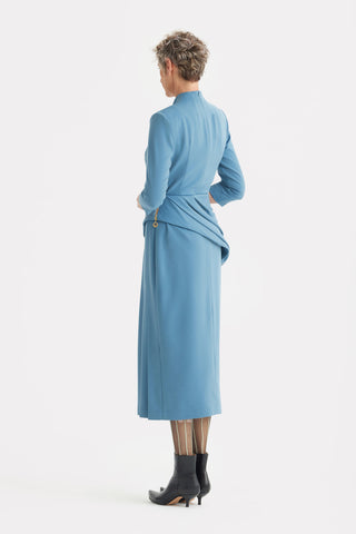Formal Cocktail Midi Dress With Peplum Belt - Light Blue