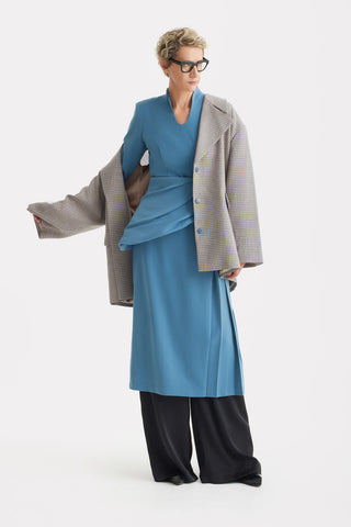 Formal Cocktail Midi Dress With Peplum Belt - Light Blue