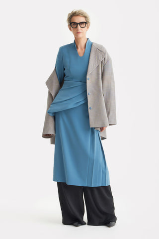 Formal Cocktail Midi Dress With Peplum Belt - Light Blue