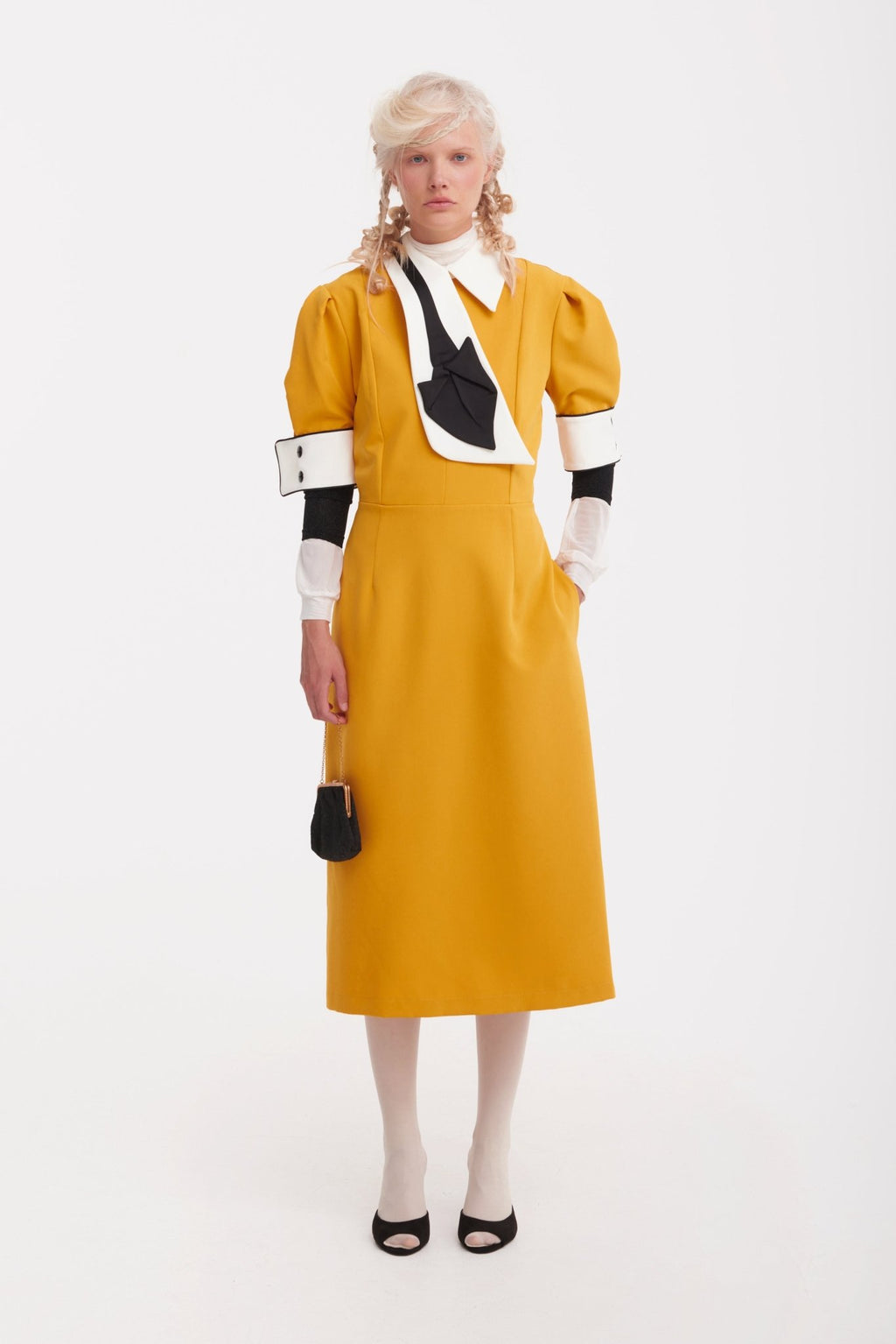 Formal Fitted Dress With White Collar - Office To Evening Style Mustard Yellow
