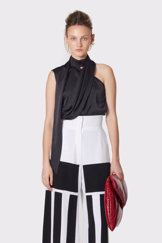Asymmetrical Satin Top With Choker Collar Black