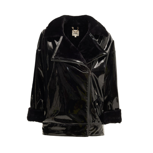 Black Vinyl Faux Fur Lined Aviator Jacket
