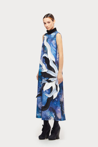 High Neck Sleeveless Dress Abstract Print Blue